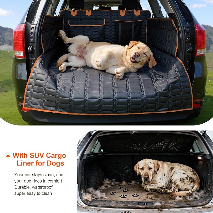 Reliadura SUV Cargo Liner for Dogs, Waterproof Pet Cargo Cover with Bumper Flap Protector, Scrachproof Non-Slip Dog Seat Mat for SUVs, Large Size Cargo Liner Universal Fit (Orange)