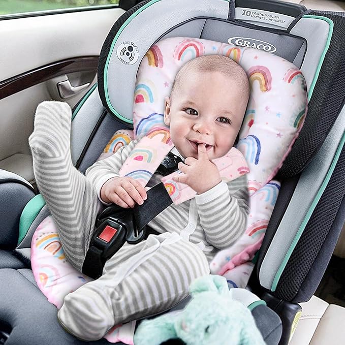 Infant Car Seat Insert, Car Seat Head Support Baby Girls Boys, Soft & Reversible Newborn Carseat Insert Cushion with 2 Strap Covers, for Stroller, Swing, Bouncer (Pink Rainbow)