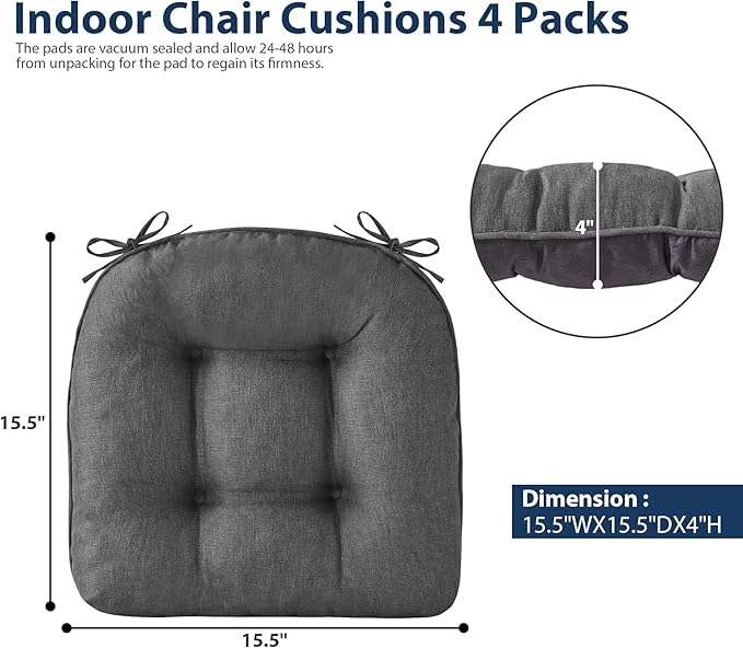 IASEAHK Chair Cushions for Dining Chairs, Seat Cushions for Kitchen Chairs, Indoor Seat Cushions with Ties, Tufted Foam Chair Pads, Non Slip Chair Cushions Set of 6, 15.5" x 15.5" x 4", Dark Grey