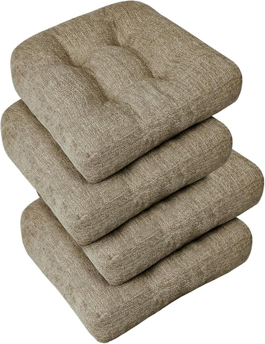 downluxe Chair Cushions for Dining Chairs 4 Pack, Tufted Indoor Chair Pads with Non-Slip Bottom, U-Shaped Kitchen Chair Cushions, 18"x18"x4", Khaki