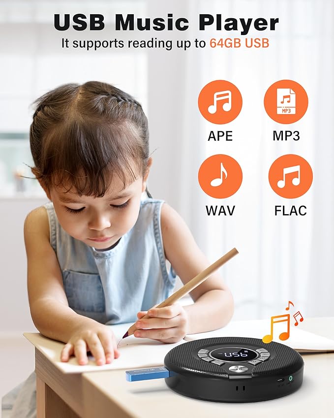 Greadio Portable Bluetooth CD Player with 2000mAh Rechargeable, Personal CD Player for Car with FM Transmitter/AUX, CD Discman Player with Headphone, 120s Anti-Skip, USB Port, Backlight (Black)