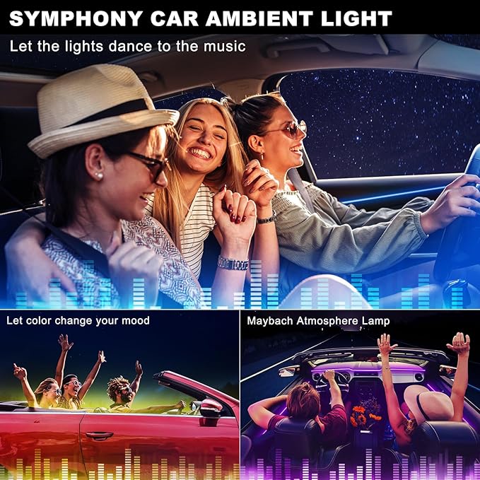 Acrylic Interior Car LED Strip Light with Wireless APP, RGB 10 in 1 with 175 inches 600 LEDs Fiber Optic Car Ambient Lighting Kits, 16 Million Colors Sound Active Function LED Strip for Car