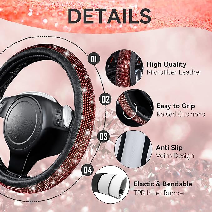 CAR PASS Leather Red Diamond Seat Cover Set, 11pcs Including Steering Wheel & Gear Cover, for Women, Universal Fit
