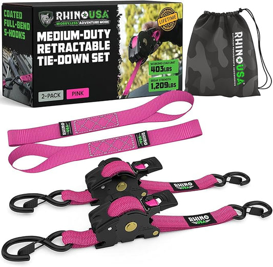 Rhino USA Retractable Ratchet Straps (2-Pack) - 1 Inch x 10 Feet (1,209lb Break Strength) - Auto Self Retracting Tie Down Straps for Truck, Cargo Trailer, Motorcycle, ATV, UTV - Pink