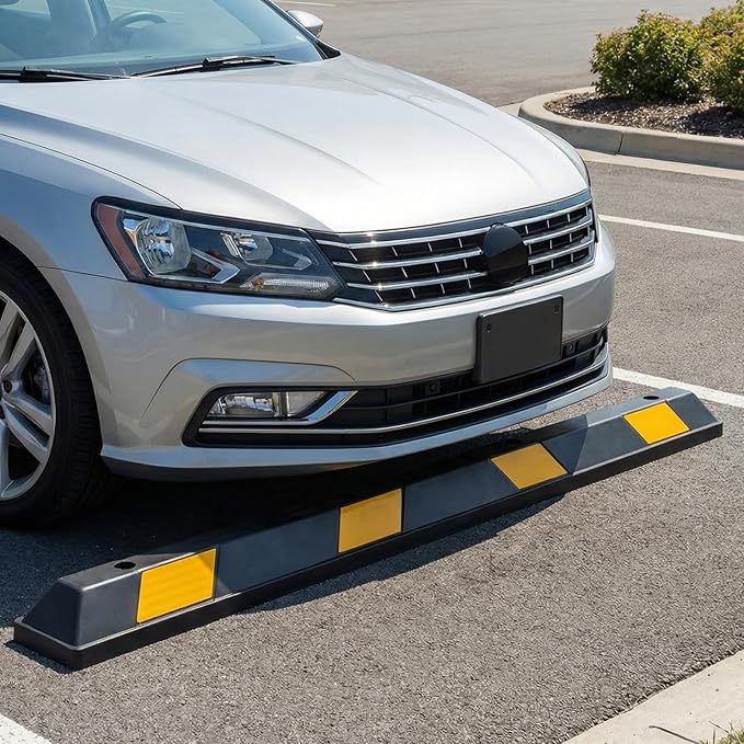Goplus Parking Block, 72' Rubber Bumpers with 8 High Reflective Yellow Safety Stripes, Heavy Duty Parking Target, Garage Wheel Stoppers for Car, Truck, RV and Trailer (2 Pack)