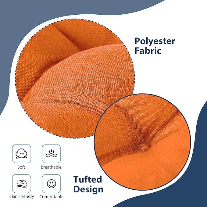 IASEAHK Chair Cushions for Dining Chairs, Seat Cushions for Kitchen Chairs, Indoor Seat Cushions with Ties, Tufted Foam Chair Pads, Non Slip Chair Cushions Set of 6, 15.5" x 15.5" x 4", Orange