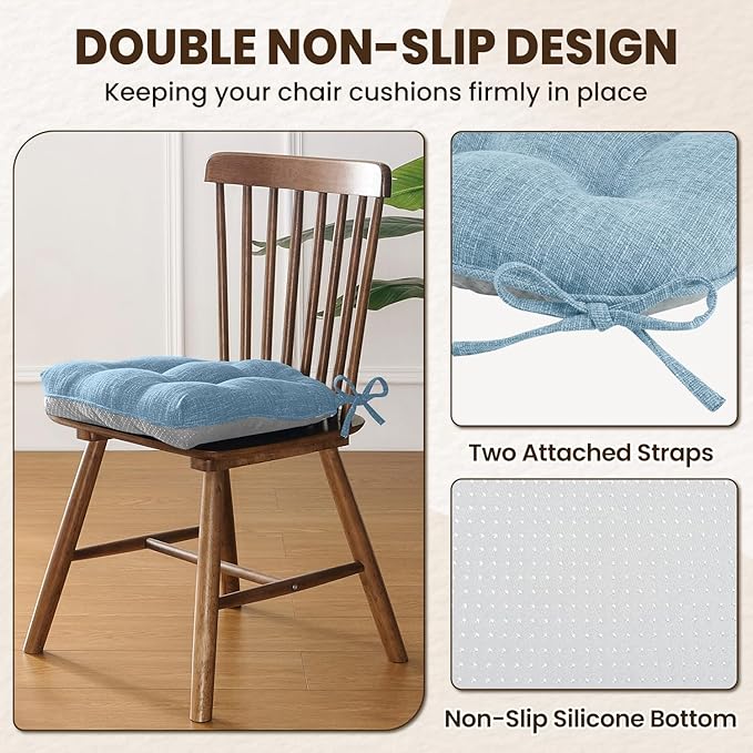 downluxe Indoor Chair Cushions for Dining Chairs, Tufted Overstuffed Textured Kitchen Chair Pads with Ties and Non-Slip Backing, 15.5" x 15.5" x 4", Light Blue, 6 Pack