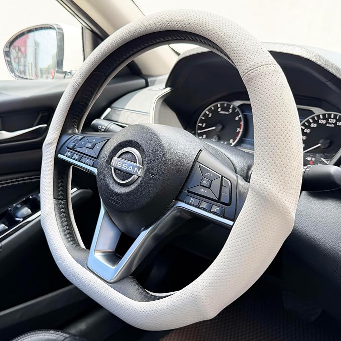 PINCTROT D Shaped Nappa Leather Steering Wheel Cover with Ergonomic Palm Support Grip, Full Perforated Breathable, Slim Fit No Bulk Design, Flat Bottom 14.5-15 Inch (Cream White)