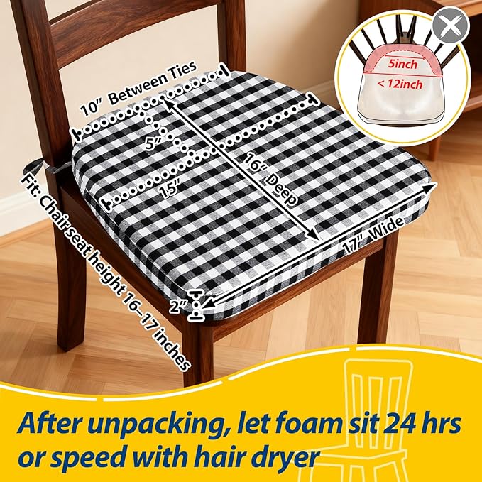 AAAAAcessories D-Shaped Chair Cushions, 2" Thick Dining Chair Pads with Ties and Removable, Machine-Washable Cover, 17" x 16", Set of 2, Checkered Black/White