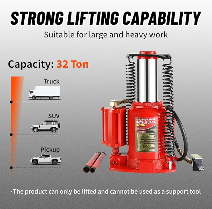 32 Ton Air Hydraulic Bottle Jack with Air-Powered or Manual Operation, One-Piece Hydraulic Cylinder Design, Air Bottle Jack with Independent Air Pump Body and Carry Handle