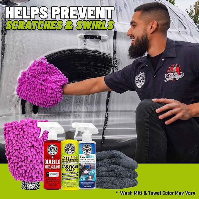 Chemical Guys Car Wash And Interior Detailing Kit With Storage Bag Car Wash Soap, Wheel Cleaner, Interior Spray, Microfiber Towels And Wash Mitt