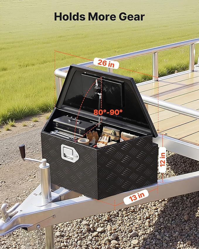 VEVOR Trailer Tongue Box, Heavy Duty Trailer Tongue Tool Box Storage Organizer with Lock & Keys, Utility Tool Chest for Pickup Truck Bed, RV, SUV, Off-Road Vehicle, Aluminum, 26" x 13" x 12", Black