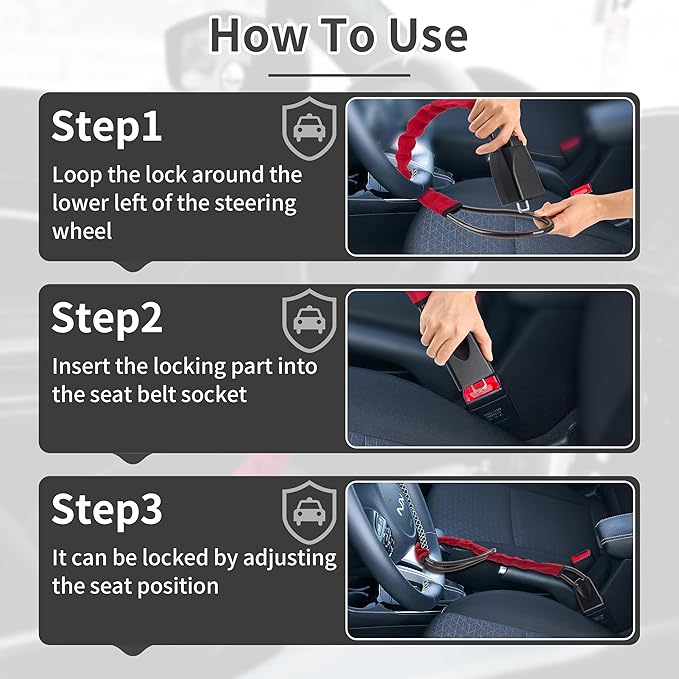 Car Steering Wheel Lock, 1 Pack Anti Theft Car Device with Max 17” Locking Length, Thickened Steel Wire, and Fine Stitched Edges, 3 Keys Included, Easy to Store, Fits Most Vehicles, SUVs（Red）