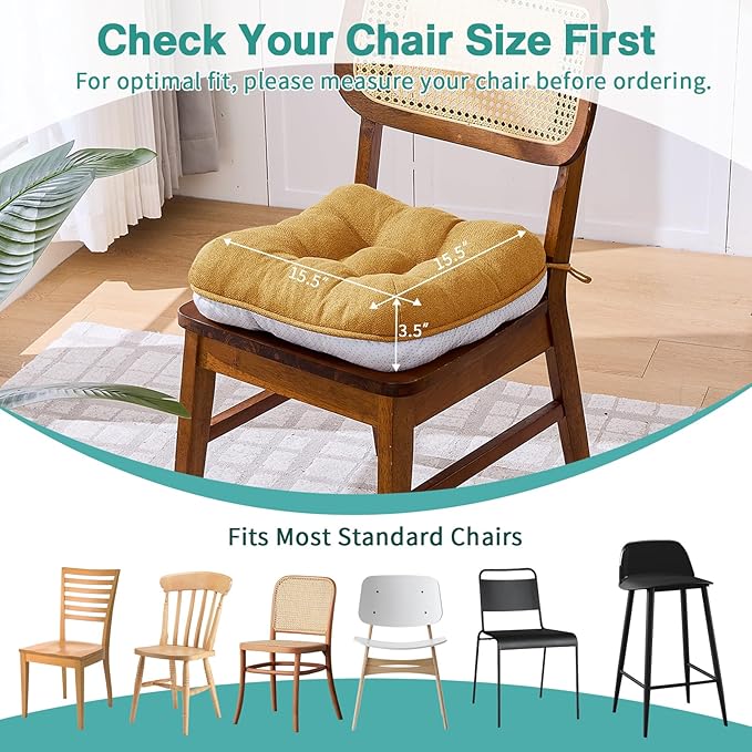 BETU Chair Cushions for Dining Chairs Set of 4,3.5" Thick Kitchen Table Chair Pads with Ties,Non Slip Backing and Covers, Seat Cushion for Dining Room,Bar,Patio Chairs,15.5"X15.5"X3.5",Yellow
