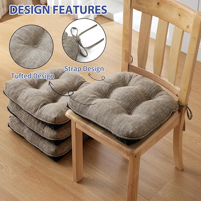 IPYNBAP Chair Cushions for Dining Chairs Set of 4, Kitchen Chair Cushions, Chair Pads with Ties and Non Slip Backing, Tufted Memory Foam Seat Cushion 4 Pack, 15.5" x 15.5" x 4", Khaki