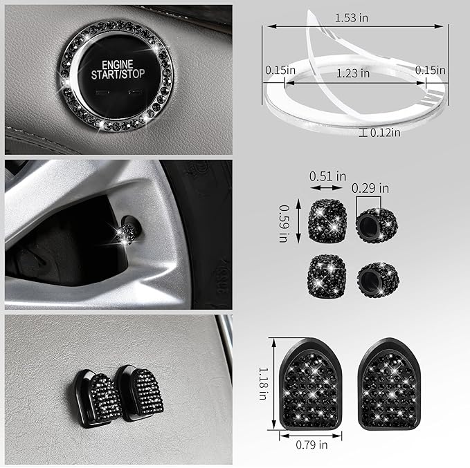 CAR PASS 34 PCS Bling Diamond Car Accessories Set for Women, Leather Car Seat Covers Steering Wheel Covers 15'', USB Charger Phone Holder Shining Rhinestone Sparkly, Cute Interior Decorations, Black
