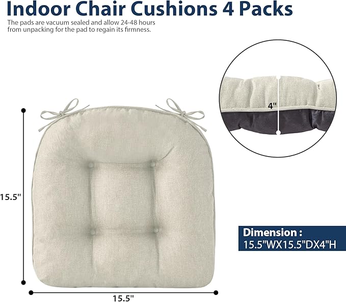IASEAHK Chair Cushions for Dining Chairs, Seat Cushions for Kitchen Chairs, Indoor Seat Cushions with Ties, Tufted Foam Chair Pads, Non Slip Chair Cushions Set of 6, 15.5" x 15.5" x 4", Beige