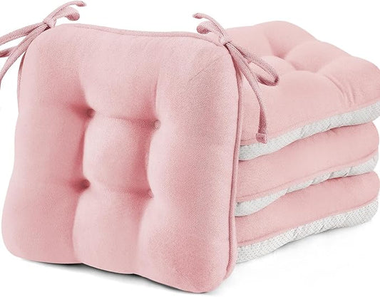 BETU Pink Chair Cushions for Dining Chairs Set of 4,3.5" Thick Kitchen Table Chair Pads with Ties,Non Slip Backing and Covers, Seat Cushion for Dining Room,Bar,Patio Chairs,15.5"X15.5"X3.5",Pink