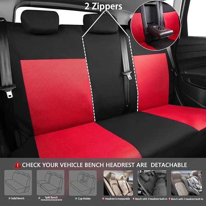 CAR PASS 3D Air Mesh Car Seat Covers Full Sets w/5mm Sponge, 4Pcs Waterproof Car Floor Mats, Steering Wheel Cover Universal Fit for SUV Sedan Truck, Airbag Compatible Automotive Interior(Black & red)