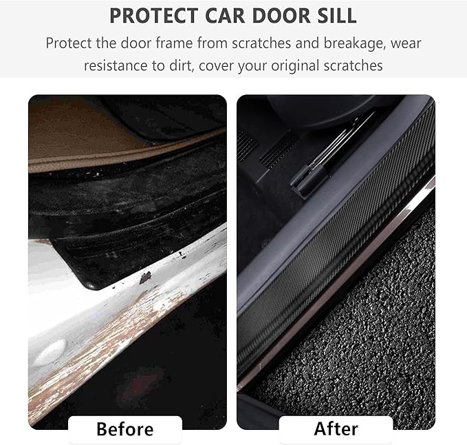 4PCS Car Door Sill Protector with Scraper,Carbon Fiber Car Door Protector Edge Guards for Front Rear Door Sills,Universal Anti-Scratch Car Door Threshold Strips (4D Black)