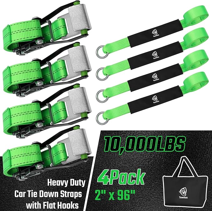 4 Pack Car Tie Down Straps for Trailers - 2" x 8' Heavy Duty Tire Straps with Flat Hooks - 10,000lbs Break Strength, Adjustable Lasso Style Wheel Straps for Hauling Cars, Truck, UTV(Green)