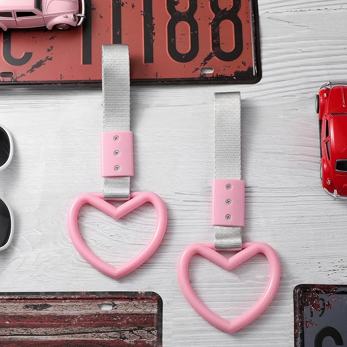 2 Pieces Rings Heart Shaped Car Handle Straps Drift Charm Rear Bumper Warning Ring Decor Subway Bus Broken Heart Handle for Car Interior (Pink with Silver Rope)