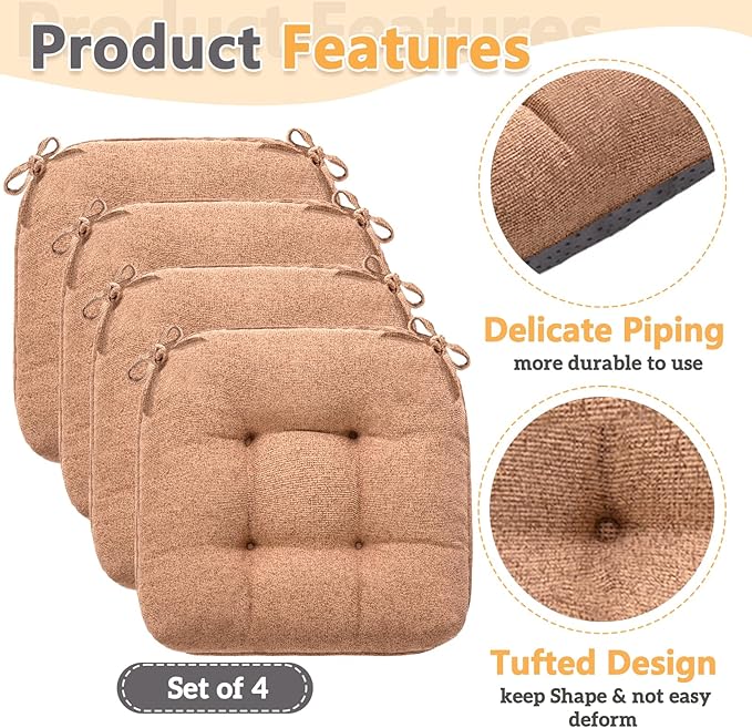 MAGIC ELEPHANT Chair Cushions for Dining Chair, Shredded Memory Foam Kitchen Chair Cushions Set of 4, Non-Slip Thick Dinning Room Chair Pads Seat Cushions, 15.5" x 15.5" x 4" (Brown)