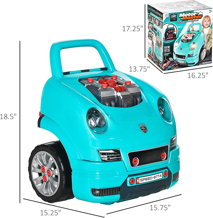 Qaba Truck Engine Toy, Kids Mechanic Set with Lights, Sounds, Steering Wheel and Horn, Pretend Car Service Station Play with 61-Piece Included for Kids Aged 3+, Blue