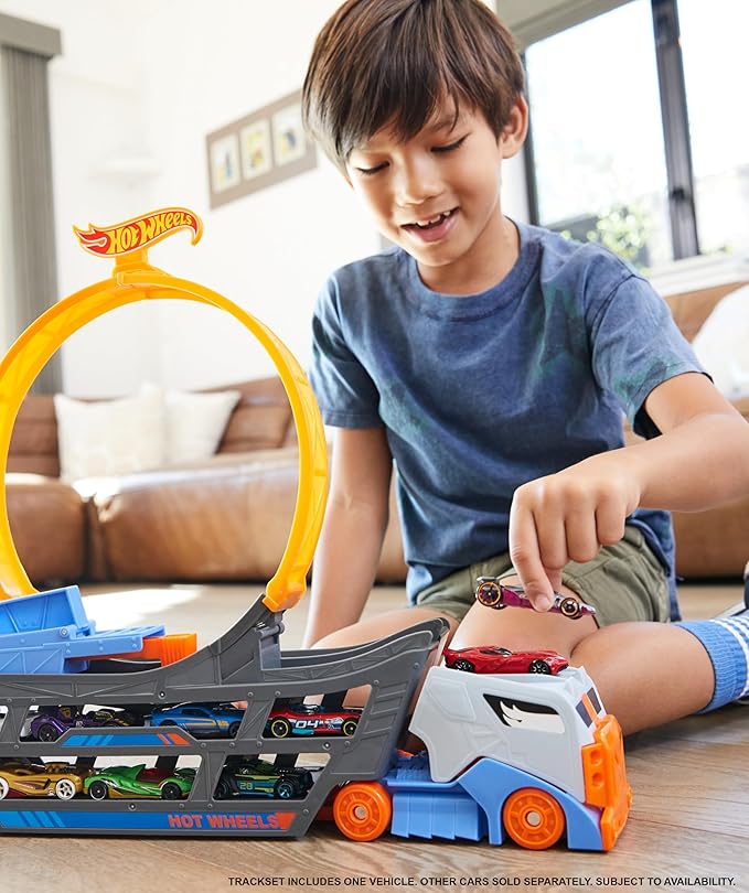 Hot Wheels Transporter Truck Mobile Playset Large Loop Collapsible Launcher Room for 18 Die-Cast 1:16 Vehicles Ages 3 and Up