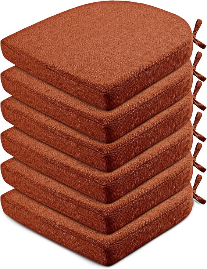 Wellsin Chair Cushions for Dining Chairs 6 Pack - Kitchen Chair Cushions with Ties and Non-Slip Backing - Dining Chair Pads 16"X16"X2", Orange