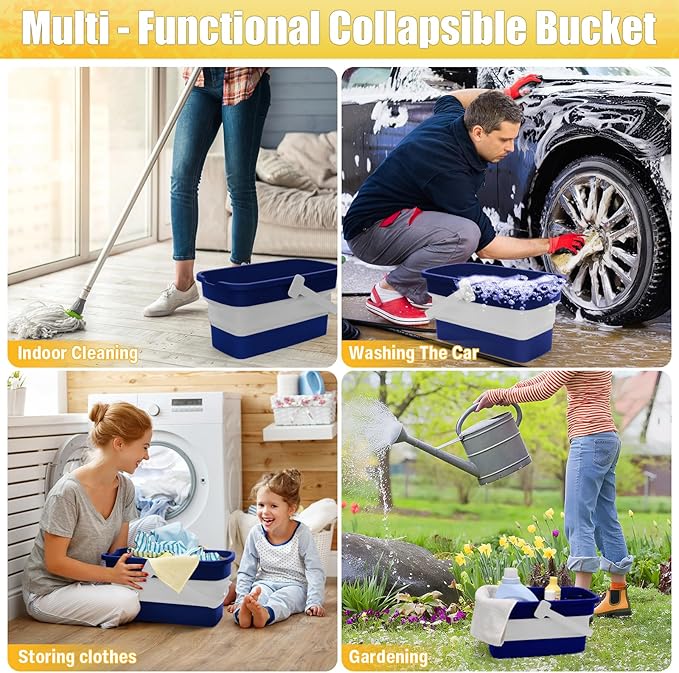 Collapsible Mop Bucket for Cleaning with Handle, Silicone Square Wash Bucket for Windows Cleaning Car Washing,Cleaning Supplies Organizer Plastic Water Bucket