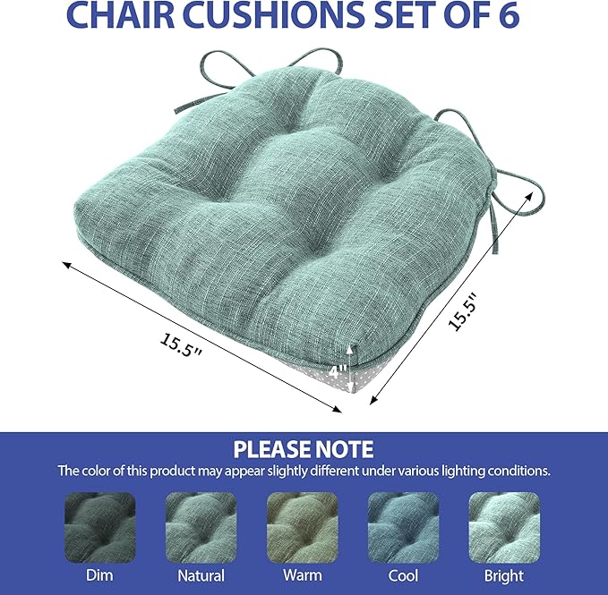 IPYNBAP Chair Cushions for Dining Chairs Set of 6, Kitchen Chair Cushions, Chair Pads with Ties Non Slip Backing, Christmas Room Decor, Tufted Memory Foam Seat Cushion 6 Pack, 15.5x15.5x4, Sage Green