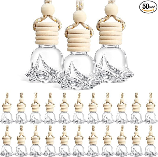 BBTO 50 Pcs Hanging Car Air Freshener Car Diffuser Bottles Empty Glass Perfume Bottle Freshener Diffuser Bottle Pendant for Essential Oil Fragrance Aromatherapy Ornament(Rose)