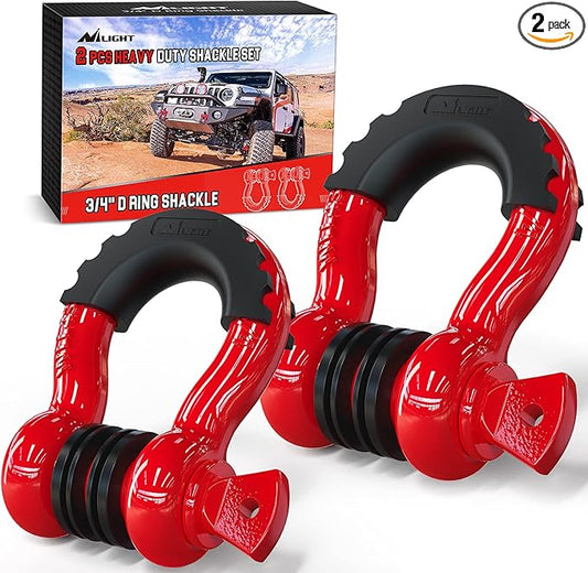 Nilight 2 Pack 3/4" D-Ring Shackle 4.75 Ton (9500 Lbs) Capacity with 7/8" Pin Heavy Duty Off Road Recovery Shackle with Isolators & Washer Kit for Jeep Truck Vehicle, Red (90053B)