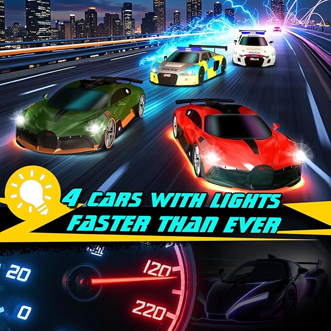 AGM MASTECH 18.7ft Slot Car Race Track Set,4 Official Licensed Light-Up Cars, Steering Wheel&Paw Controllers, Adjustable Speed, 4 Flashing Loop Tracks, Dual Power Modes, for Kids 8+, Family Racing Fun