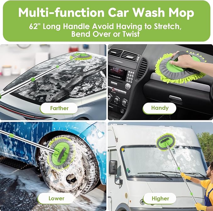 2 Pack Car Wash Brush with Long Handle, 62" Microfiber Car Wash Mop and Car Washing Brush Combo Set, Scratch-Free Soft Bristle Car Wash Mop Brushes Cleaning Kit for Exterior Car, Truck, RV, Boat