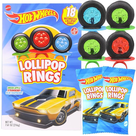 Limited Edition Hot Wheels Individually Wrapped Lollipop Rings, Party Favor Candy, Car Decorated Suckers, Assorted Fruit Flavors, 18 Pieces