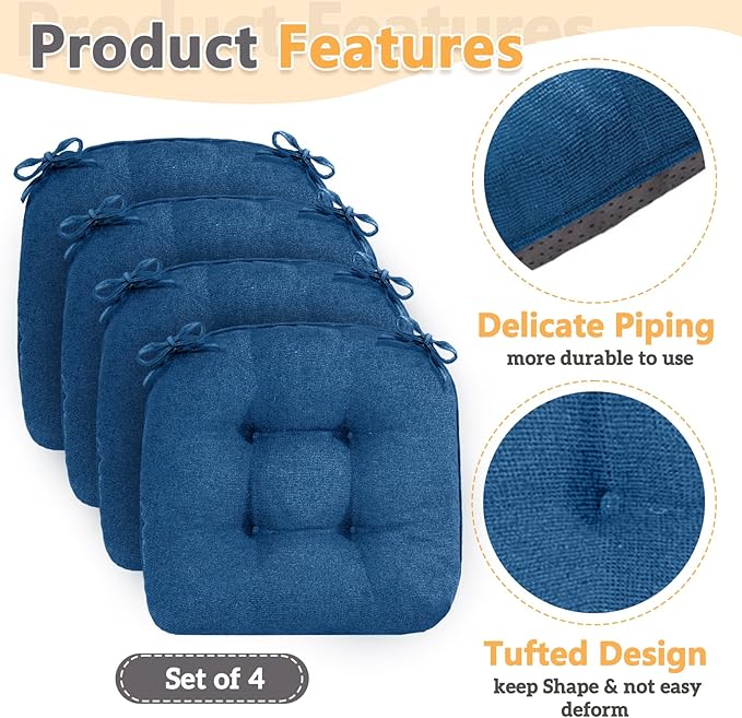 MAGIC ELEPHANT Chair Cushions for Dining Chairs, Memory Foam Kitchen Chair Cushions Set of 4, Non-Slip Thick Dining Room Chair Pads Seat Cushions, 15.5" x 15.5" x 4" (Blue)