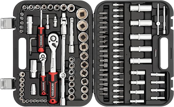 INTERTOOL Metric Socket Set Super Lock, 1/4-inch & 1/2-inch Drive, 110-Piece, Quick Release Ratchets, Extensions, Adapters, Bits, Screwdriver, Metal Latch Hard Case, Tool Gift, ET08-8110