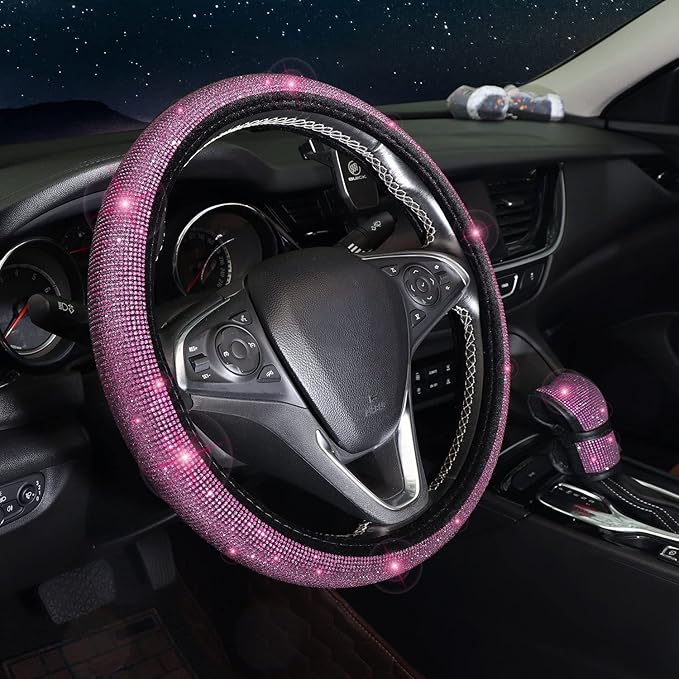 7 Pack Bling Car Accessories Set for Women Girl, Diamond Steering Wheel Cover Set 15 inch,Seat Belt Cushion,Gear Shift Cover, Pink Bling Ring,Car Coasters,Pink