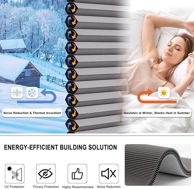 Tonature No Drill Cellular Shades for Indoor Windows, Thermal Insulating & Noise Reducing Honeycomb Blinds, Free Stop Cordless Blackout Shades, Grey,45 1/2" W x 64" H