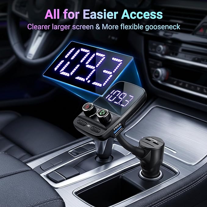 Upgraded Bluetooth FM Transmitter, Wireless Radio Adapter Hands Free Car Kit with 1.7'' Display, QC3.0 and Smart 2.4Amp Dual USB Ports, AUX Input/Output, TF Card Mp3 Player (Black,Pd 30W)