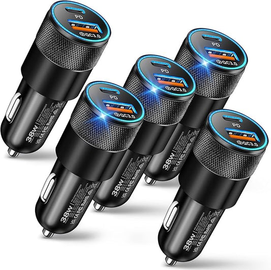 USB C Car Charger, 5 Pack 38W Dual Ports USB-C & USB-A Cigarette Lighter Adapter Fast Charging Car Phone Charger for iPhone 17 Pro Max 16 16e 15 14, Samsung S24, Pixel Cargador para Carro Phone Plug