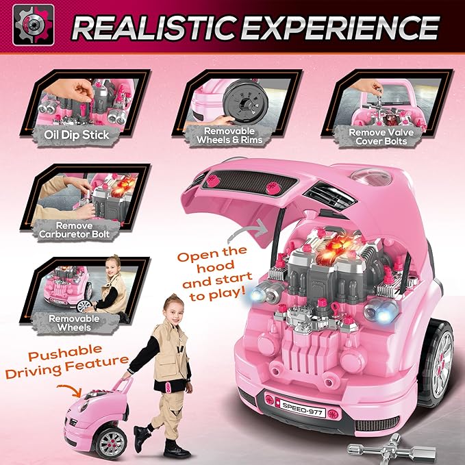 Qaba Truck Engine Toy, Kids Mechanic Set with Lights, Sounds, Steering Wheel and Horn, Pretend Car Service Station Play with 61-Piece Included for Kids Aged 3+, Pink