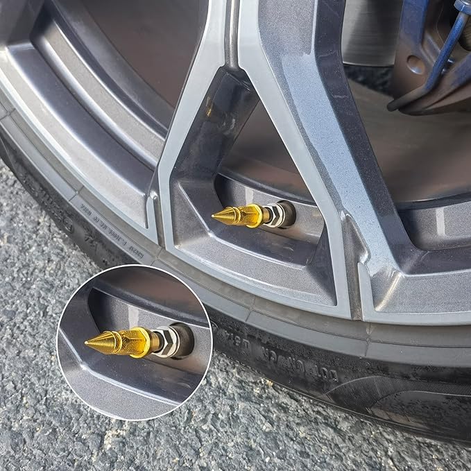 SINGARO 45mm Spiked Aluminum Stem Valve Caps,4PCS Dustproof Tire Wheel Stem Caps for Cars,SUVs,Trucks Bicycles and Motorcycles(Gold)