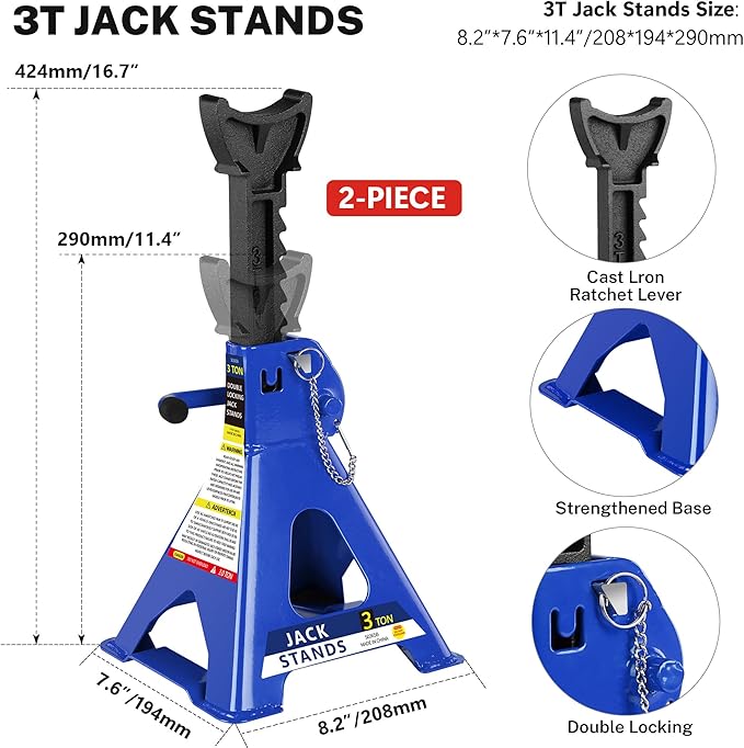 5 Piece Car Truck Floor Jack Service with Jack Stands Tire Repair Kit L-Wrench for Garages, Automotive,Repair Shops, Portable, 4,000 lbs. Capacity, Lifting Range 3.3" - 15.2",Heavy Duty Steel, Blue