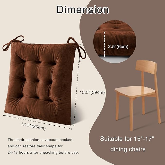 OVOV 1 Pack Chair Cushions for Dining Chairs Soft Seat Cushions for Kitchen Desk Chairs Square Chair Pads with Ties (15.5"x15.5" Coffee)