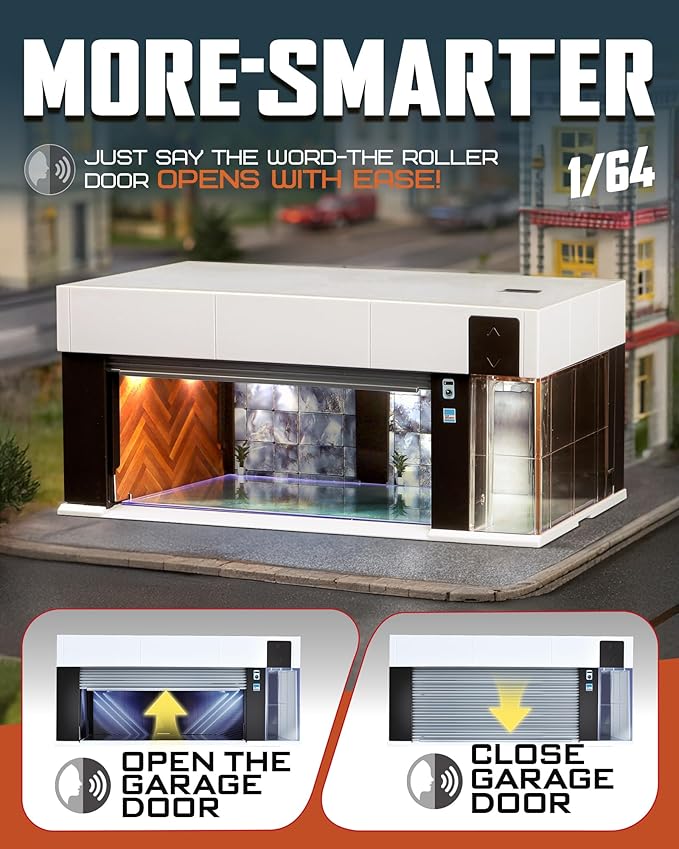 1/64 Scale Diecast Display Case for Hot Wheel Storage with LED Lights, Stackable Electric Garage with Voice Control, 3 Replaceable 3D Scenes Parking Lot Diorama for Model Cars (White)