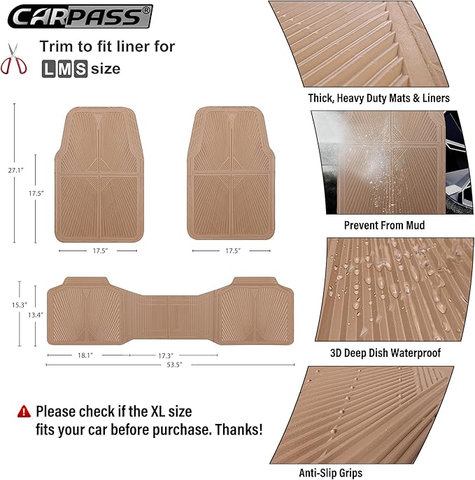 CAR PASS Rubber Car Mats,Car Floor Mats All Weather, Waterproof Trim-to Fit Automotive Floor Mats for Cars Trucks SUV,Anti-Slip Easy Clean, Heavy Duty Car Mats Full Set 3-Piece,All Beige