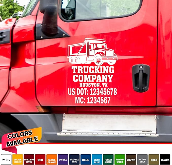 Custom Truck Door Vinyl Decal, Commercial Vehicle Lettering with DOT MC Numbers Set of 2, Multiple Colors Available Lettering Fully Customizable Sticker for Trucking #4